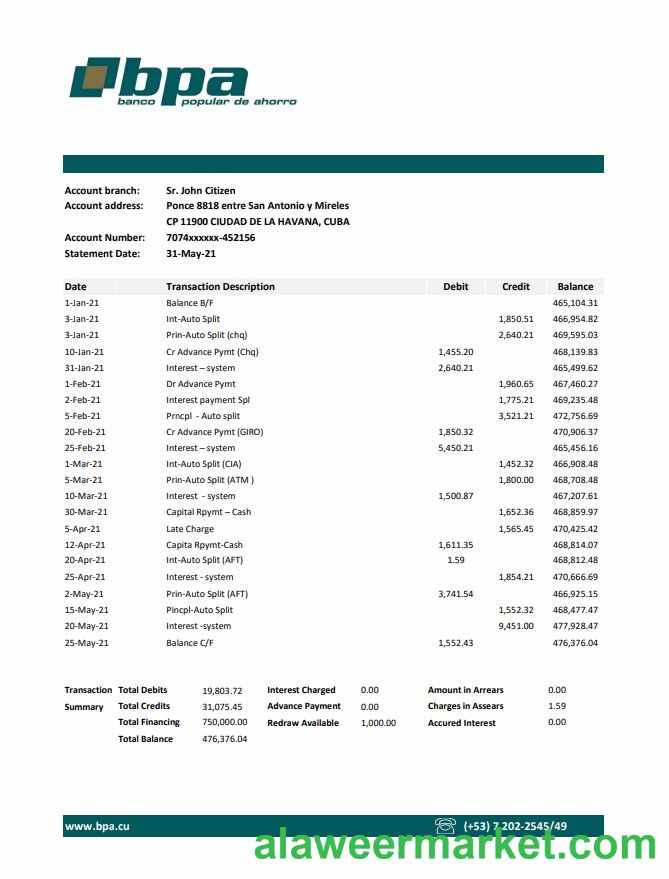 Cuba Banco Popular de Ahorro (BPA) bank statement easy to fill template in Excel and PDF format
